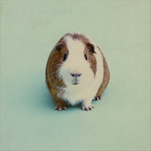 A guinea pig photographed close up on a plain pale backdrop