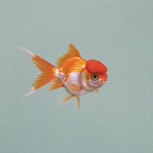 A fancy goldfish seen side-on against a plain pale blue background